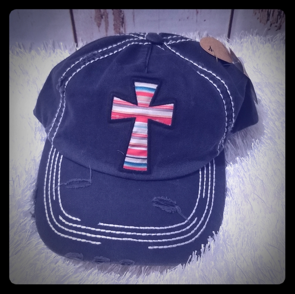 Destructed serape cross hat with serape under bill
